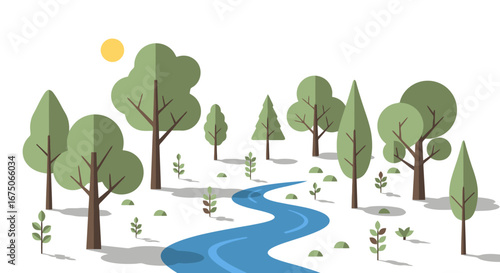 Serene Forest Landscape with Flowing River and Geometric Trees for Nature Illustration and Environmental Design Projects.