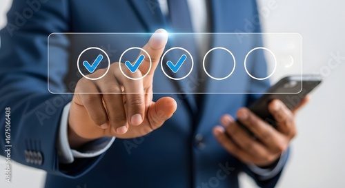 Man in blue suit using smartphone with checkmarks on screen showing completed tasks online list app