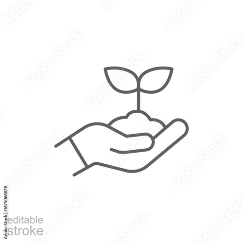 Hand holding plant icon. Simple outline style. Tree, hold, grow, leaf, sprout, fertilizer, flower, earth, nature, green, ecology concept. Thin line symbol. Vector isolated design. Editable stroke