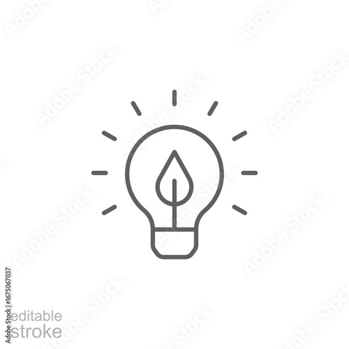 Sustainable ecological energy icon. Simple outline style. Bulb, lightbulb, light, leaf, green, idea, plant, lamp, eco, environment concept. Thin line symbol. Vector isolated design. Editable stroke