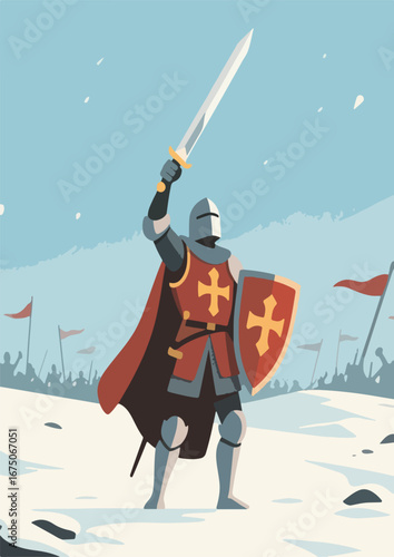 Crusader in armor brandishes sword amid snowy battle. Ideal for historical, medieval, fantasy content, posters, book covers, and gaming material.