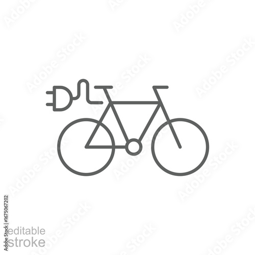 Electric bike icon. Simple outline style. Bicycle, ebike, power, cyclist, battery, environmental, cycling, element, green energy concept. Thin line symbol. Vector isolated design. Editable stroke