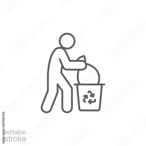 People and rubbish bin icon. Simple outline style. Person holding a sack of trash, cleanup, garbage, ecology, environment concept. Thin line symbol. Vector isolated design. Editable stroke
