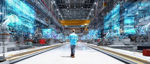 Industrial Revelation: A lone figure strides confidently through a state-of-the-art automated factory, bathed in the glow of digital innovation, embodying progress and precision.