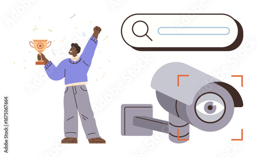 Person celebrating success holding trophy, search bar symbolizing online exploration, and security camera icon for surveillance. Ideal for achievement, analytics, protection, motivation, technology