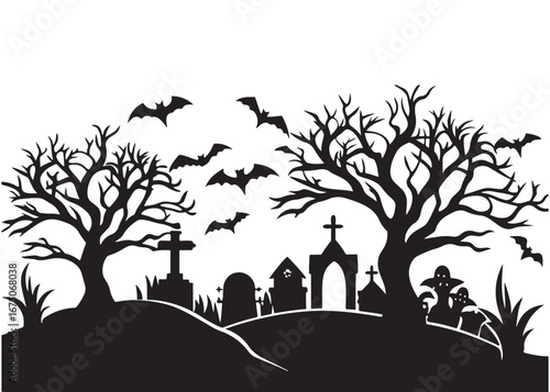Spooky Graveyard Silhouette Vector for Halloween Night Design.
