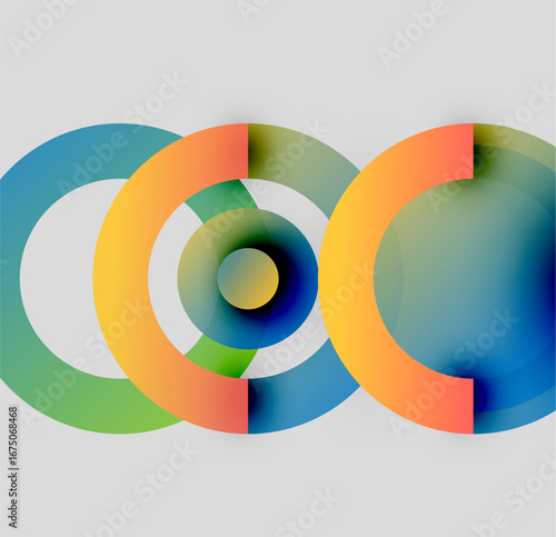 Abstract colorful circles overlap, creating layered visual effect. Gradient hues blend smoothly, forming dynamic composition.