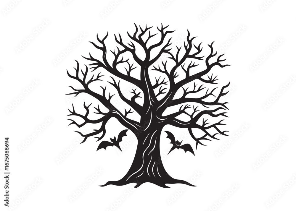 Fototapeta premium Creepy Halloween Tree Silhouette Vector for Haunted Forest Design.