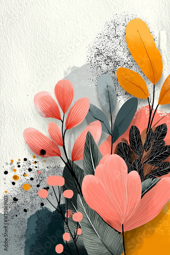 Colorful painting of flowers with a white background. The flowers are arranged in a way that creates a sense of movement and energy. The colors are bright and vibrant, giving the painting a cheerful