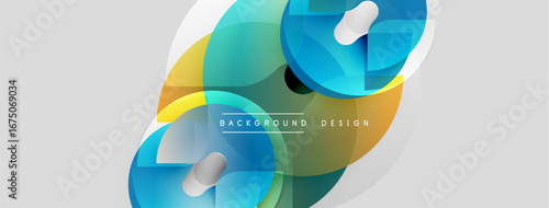 Abstract shapes overlap, creating vibrant color gradients. Smooth forms suggest movement, modern design aesthetic. Light reflections enhance visual depth.