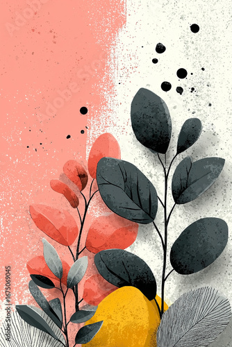 Painting of a tree with leaves and a yellow fruit. The painting has a bright pink background