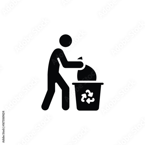 People and rubbish bin icon. Simple solid style. Person holding a sack of trash, cleanup, garbage, ecology, environment concept. Silhouette, glyph symbol. Vector isolated design