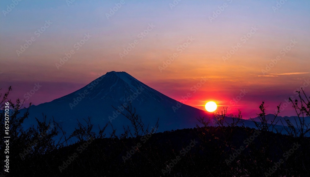 Fototapeta premium 富士山の夕暮れ シルエットに映える幻想的なサンセット 日本の景色
