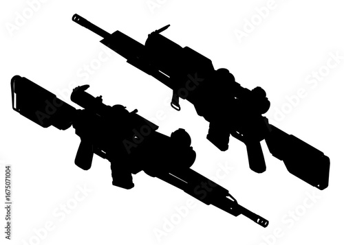 Black and white silhouette of two modern assault rifles against a clean white background, featuring sniper-style weaponry.