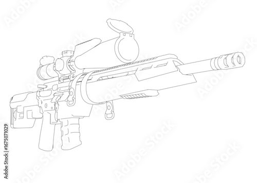 Modern sniper rifle with scope in clean black and white contour drawing, isolated on white background.
