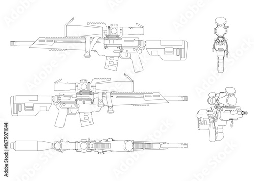 Modern sniper rifle blueprint with detailed scope and mounted components on a clean white background.