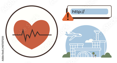 Heart with heartbeat, warning sign with URL bar, and airport outline. Ideal for health awareness, digital safety, travel risk, technology, connectivity, emergency response simple flat metaphor