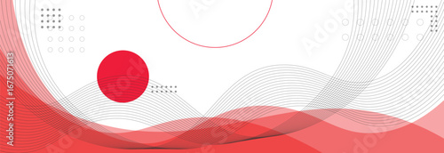 Abstract Minimalist Background with Red Circle and Flowing Gray Wavy Lines