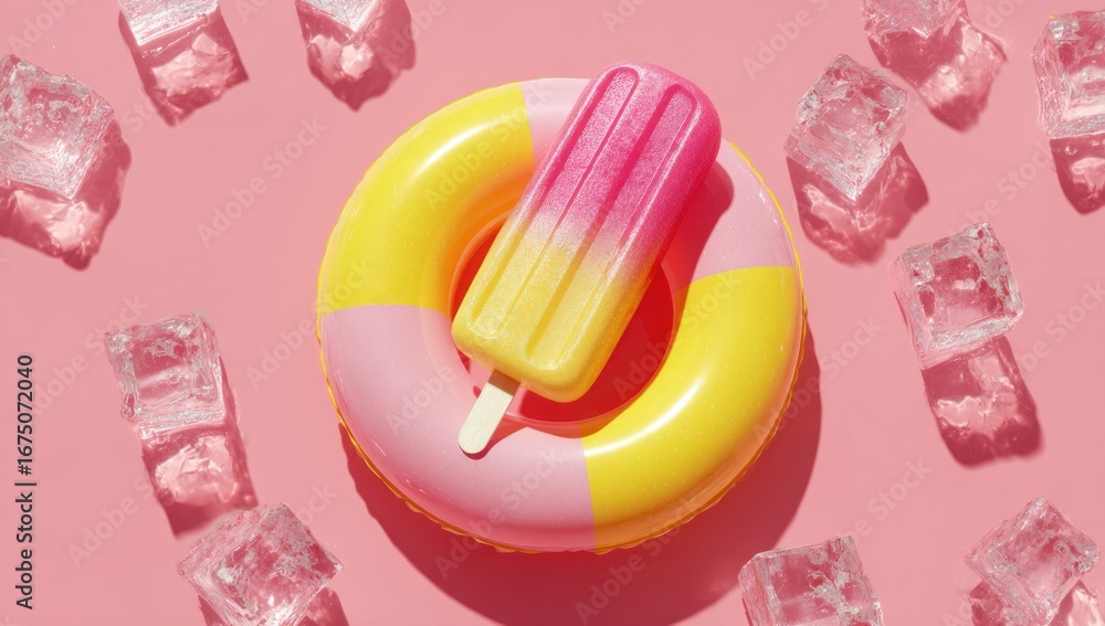 Obraz premium Popsicle and inflatable ring on pink background