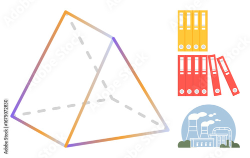 Geometric pyramid with gradient lines, arranged office folders in red and yellow, and industrial factory skyline with chimneys and smoke. Ideal for teamwork, strategy, architecture, industry, filing