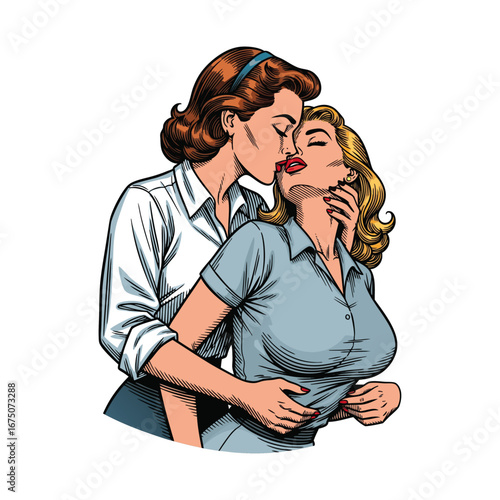 Colorful engraving of Vintage Lesbian Couple Kissing