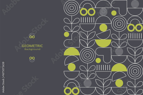 Geometric floral with white and green line art on a gray background, featuring abstract shapes, hearts, and circles with copy space, perfect for minimalist design themes
