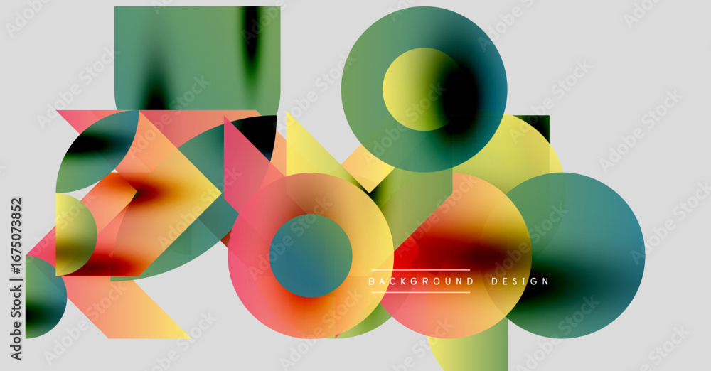 Fototapeta premium Abstract geometric shapes overlap, creating vibrant color gradients. Modern design elements suggest dynamic composition, visual harmony.