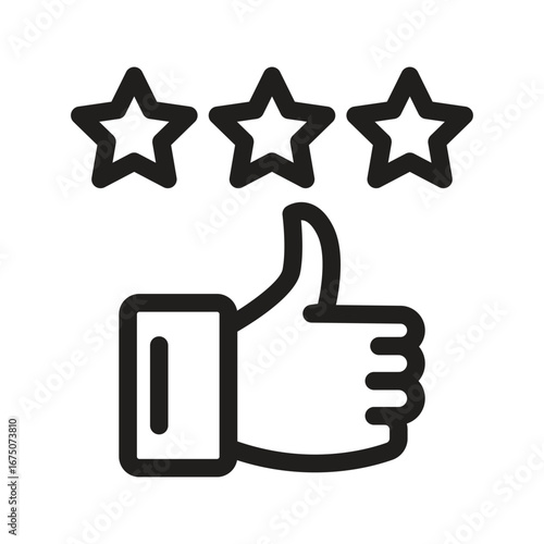 Black outline of a thumbsup hand gesture below three 5pointed stars. Editable stroke icon. Vector illustration