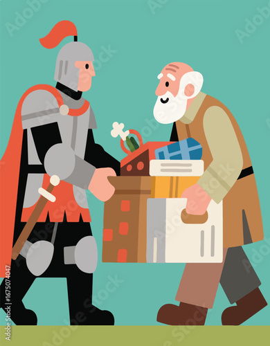 Knight helps a grateful elder carry boxes of possessions together.
