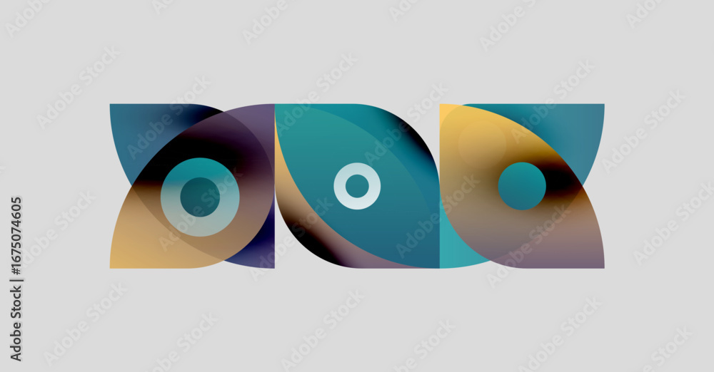 Obraz premium Abstract shapes overlap, creating colorful design. Circles, squares blend into modern visual composition. Gradient hues dominate.