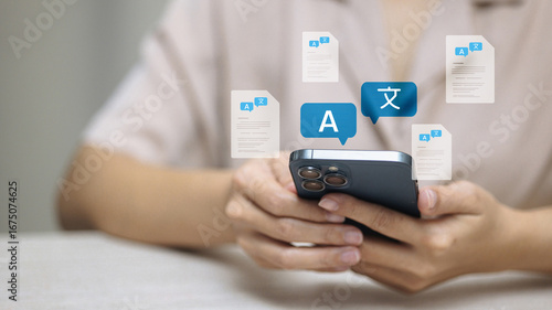 Mobile translation app with language icons on smartphone screen