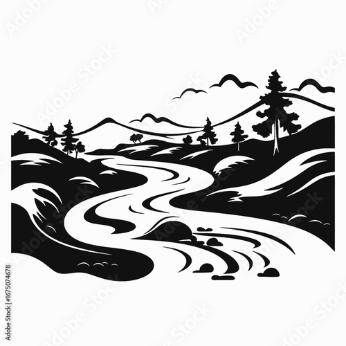 Serene river flowing through a mountainous landscape in black and white silhouette