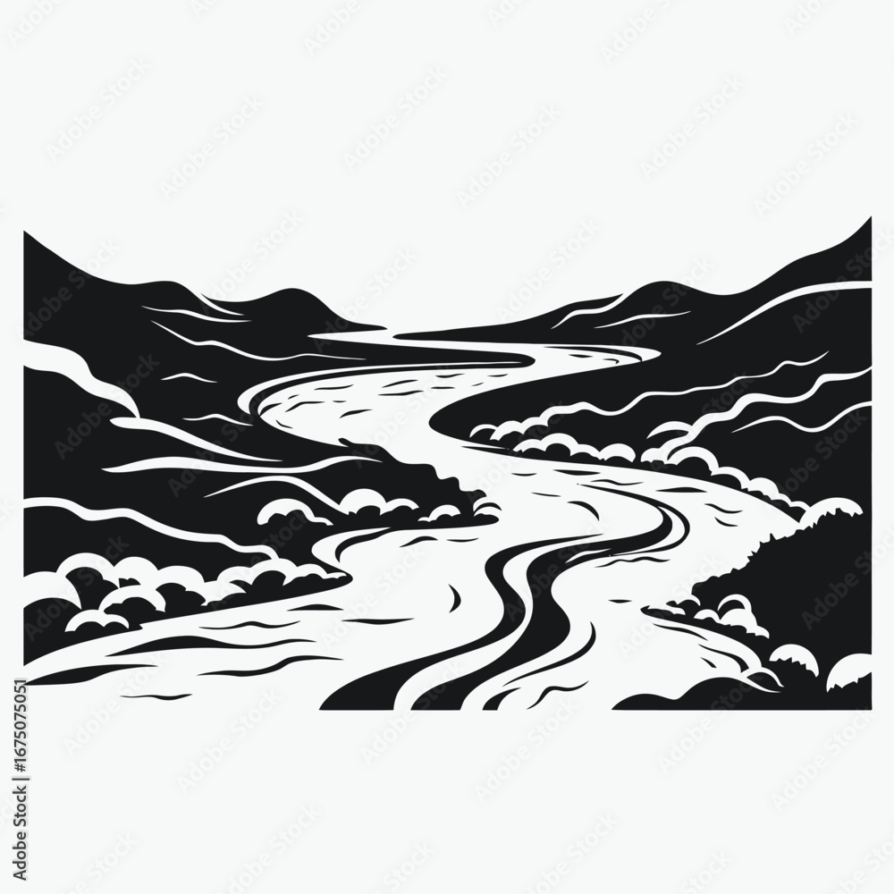 Obraz premium Winding river between hills in a simplistic monochrome landscape vector silhouette