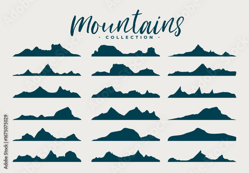 terrain mountains silhouettes on white background in set