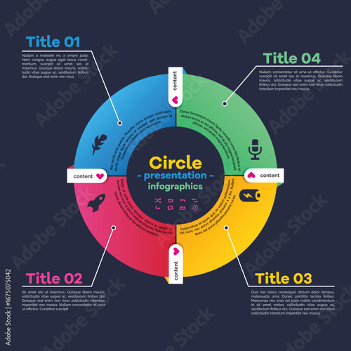 Colorful circular infographic with four segments representing data and information with icons and text placeholders