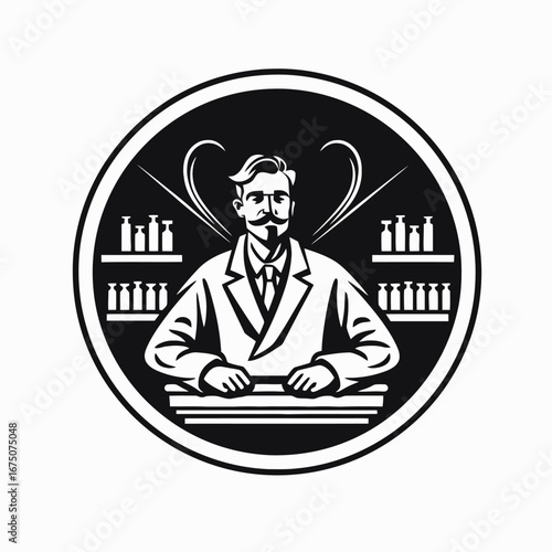 Apothecary shopkeeper in lab coat standing behind shelves black and white silhouette