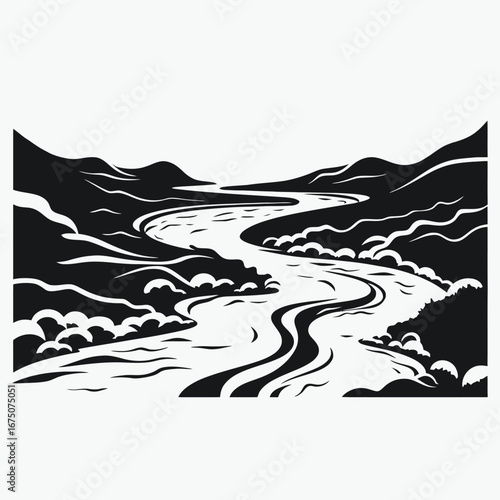 Winding river between hills in a simplistic monochrome landscape vector silhouette