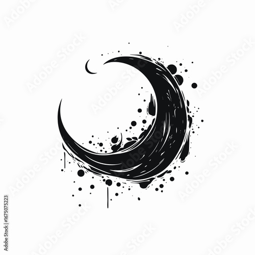Crescent moon with flowing droplets, dark, and monochrome celestial body silhouette