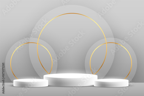 realistic white pedestal for product promotion with golden ring