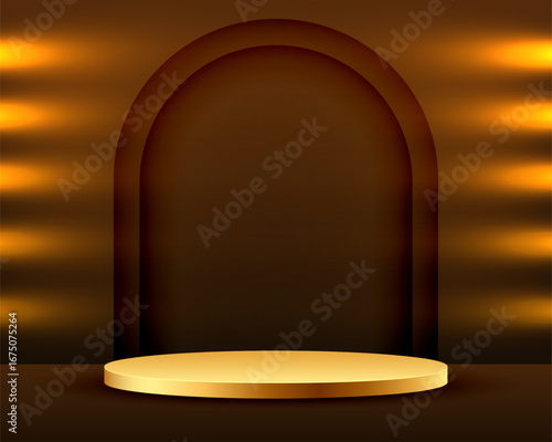 realistic golden pedestal stand for object exhibition with light effect