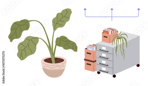 Potted plants beside a filing cabinet filled with organized documents and storage boxes. Ideal for office decor, workspace organization, productivity, greenery, eco-friendly design, modern office