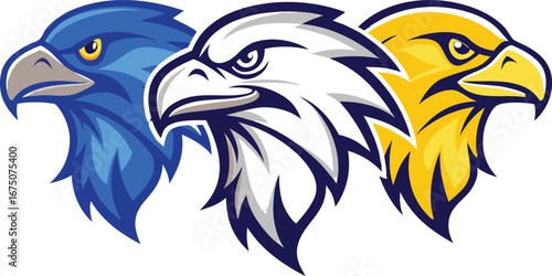 Dynamic trio of fierce eagle heads in blue white and gold showcasing power and determination