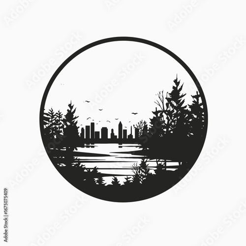 Cityscape encircled by nature, a minimalist and artistic landscape silhouette.