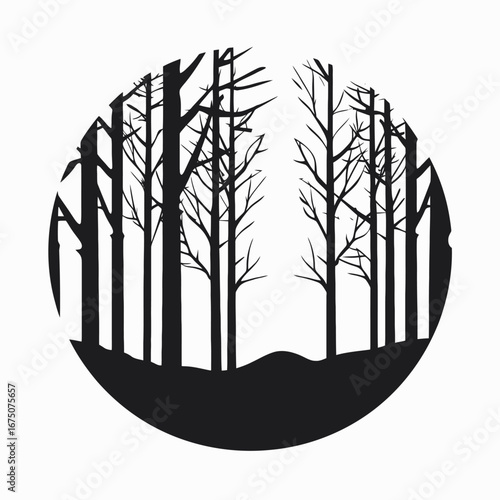 Enigmatic trees within a circular frame, a forest illustration silhouette