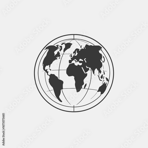 Minimalist world map icon with latitude longitude lines earth globe silhouette