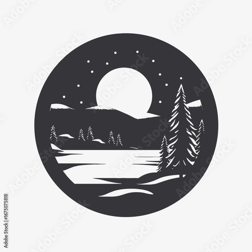 Tranquil moonlight over a peaceful lake landscape illustrated as a silhouette