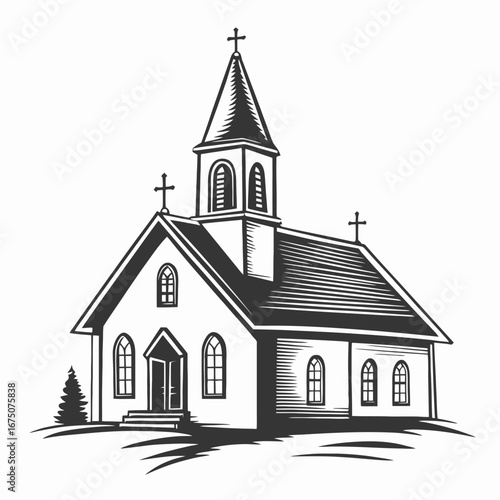 Vintage country chapel etching with crosses spire and tower silhouette