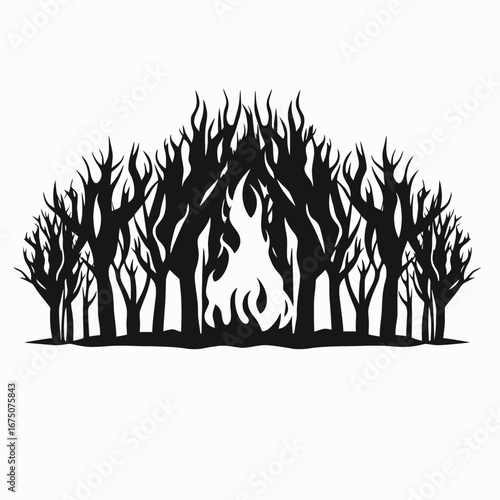 Eerie forest with ghostly flames and a stark black and white silhouette