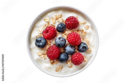 Healthy yogurt bowl with fresh berries and granola isolated on transparent background