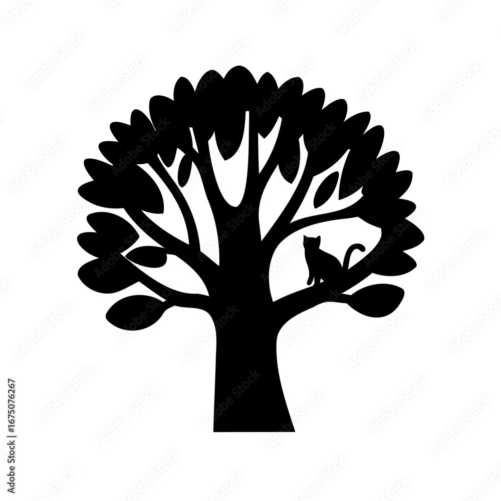 Naklejka premium Silhouette of a cat sitting on a tree branch peacefully in nature